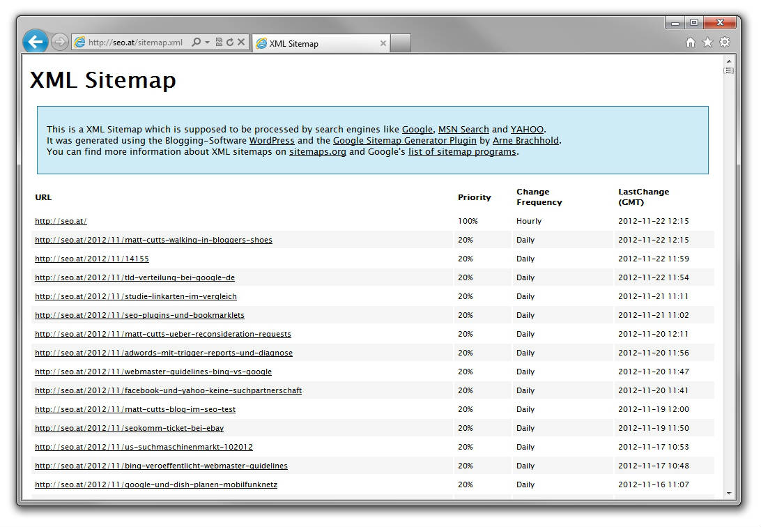 Sitemap.xml cho tên miền seo.at, được mở trong trình duyệt