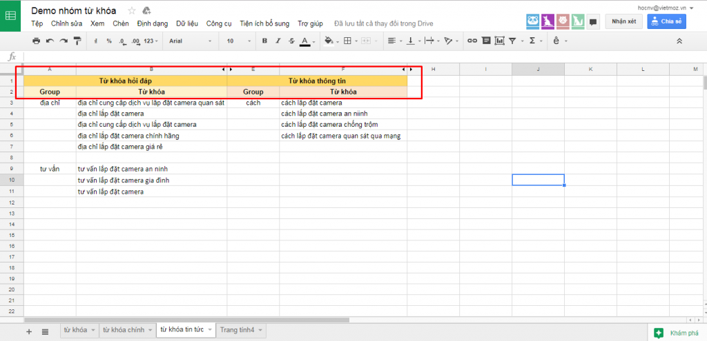 Cách 1: Dùng Excel thông qua bộ lọc để nhóm từ khóa